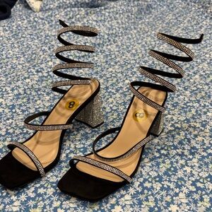 Black Rhinestone Spiral-Strap Block Heel Sandals